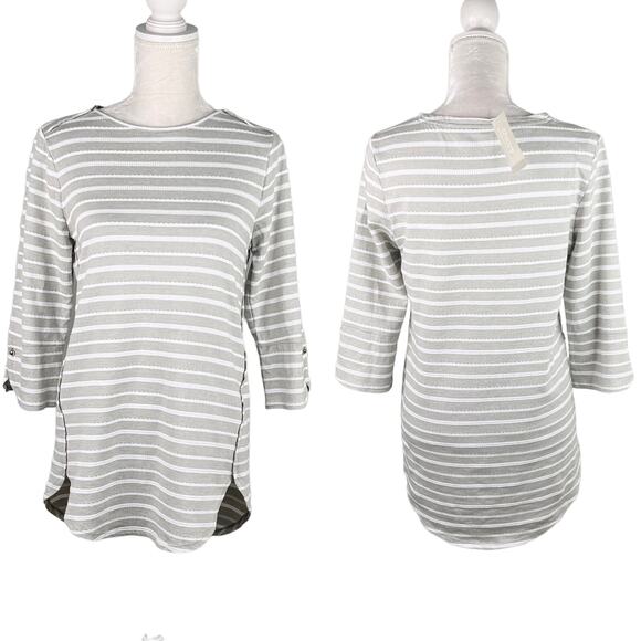 Chico's Zenergy Textured Top S 4-6 Gray White Stripe 0 Envelope Hem New - Picture 14 of 14